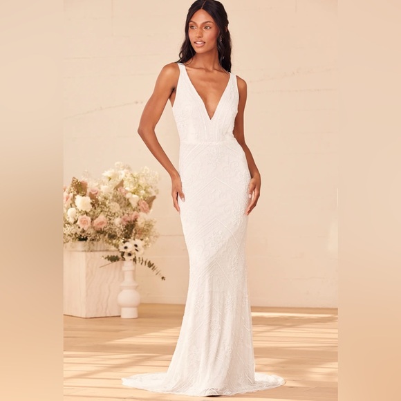 The Sweetest Vows White Beaded Sequin Mermaid Maxi Dress size L - Picture 3 of 5